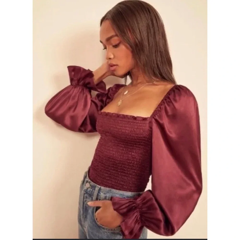 Reformation Burgundy 100% Silk Smocked Long Sleeve Square Neck Chamomile Top  S‎